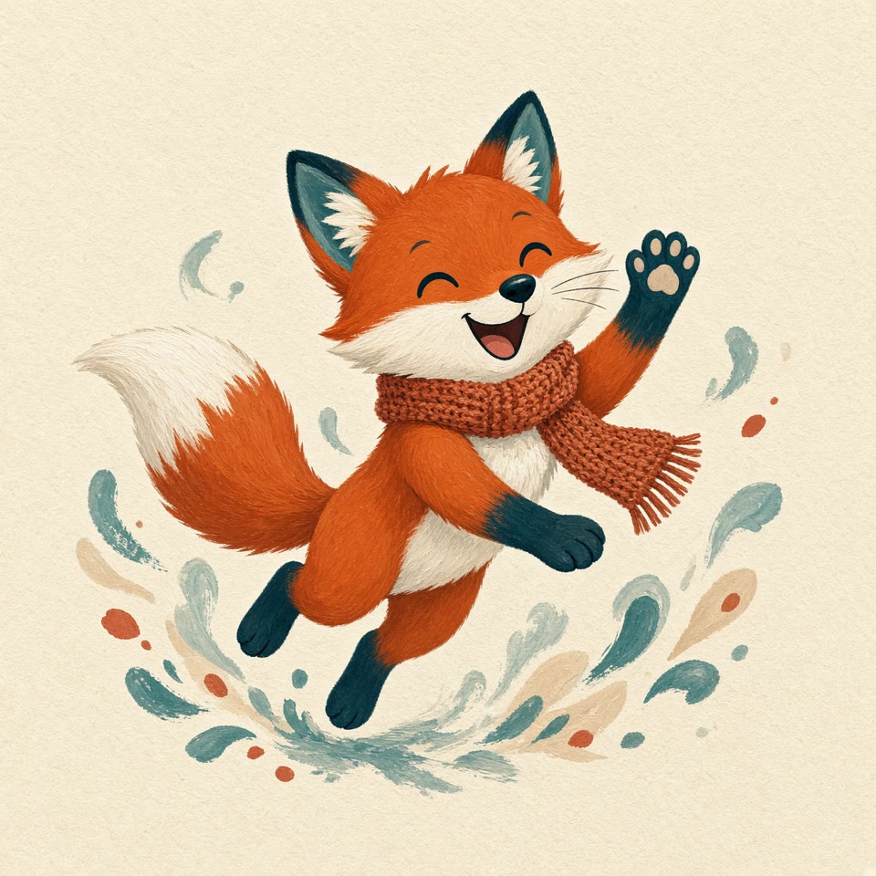 Pip the fox leaping with a paw raised for a high five
